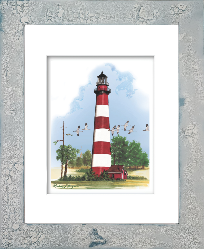 Rodney Ferguson watercolor giclée print of Assateague Lighthouse featuring its iconic red and white striped daymark, with a flock of whooping cranes flying overhead, professionally matted and displayed in a handmade distressed coastal frame with unique crackled finish, printed on archival acid-free paper.