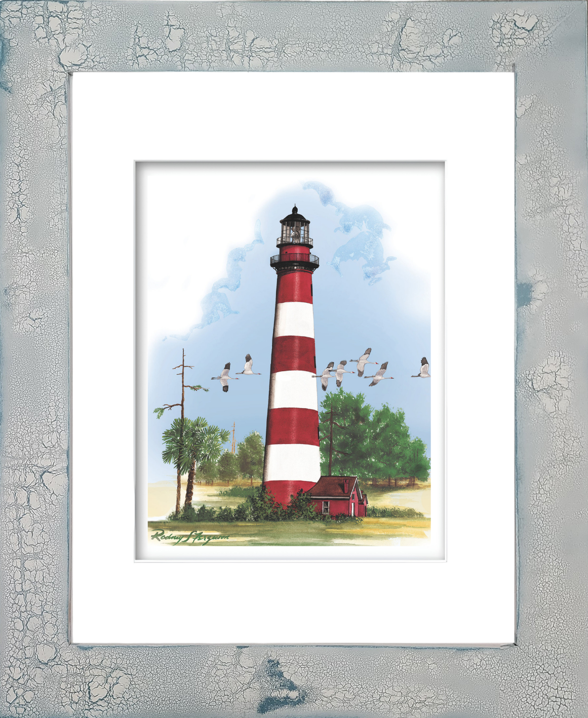 Rodney Ferguson watercolor giclée print of Assateague Lighthouse featuring its iconic red and white striped daymark, with a flock of whooping cranes flying overhead, professionally matted and displayed in a handmade distressed coastal frame with unique crackled finish, printed on archival acid-free paper.