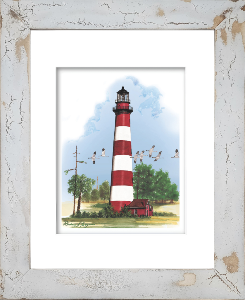 Rodney Ferguson watercolor giclée print of Assateague Lighthouse featuring its iconic red and white striped daymark, with a flock of whooping cranes flying overhead, professionally matted and displayed in a handmade distressed coastal frame with unique crackled finish, printed on archival acid-free paper.