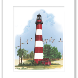 Watercolor giclée print of Assateague Lighthouse with red and white striped daymark and flock of whooping cranes flying overhead, by Rodney Ferguson, professionally matted and printed on archival acid-free colorfast paper.
