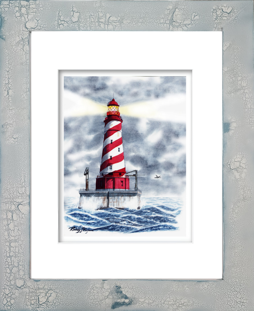 Watercolor giclée print of White Shoal Lighthouse featuring its iconic spiral red and white daymark stripes, standing offshore in the blue waters of Lake Michigan. Artwork by Rodney Ferguson presented in a handmade distressed and crackled coastal frame, with each frame uniquely weathered and one of a kind.