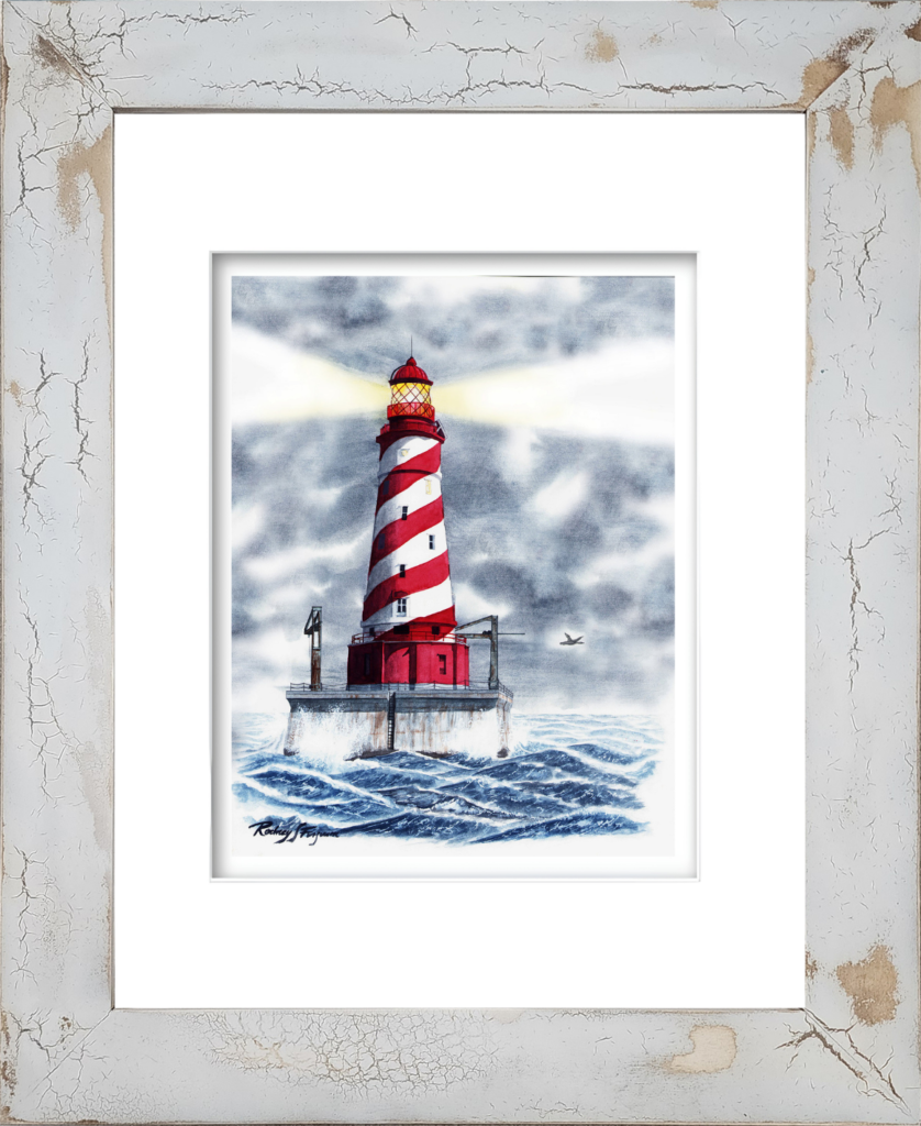 Watercolor giclée print of White Shoal Lighthouse featuring its iconic spiral red and white daymark stripes, standing offshore in the blue waters of Lake Michigan. Artwork by Rodney Ferguson presented in a handmade distressed and crackled coastal frame, with each frame uniquely weathered and one of a kind.