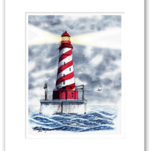 Rodney Ferguson's watercolor giclée print of White Shoal Lighthouse highlights one of the most distinctive navigational beacons on the Great Lakes. Featuring the lighthouse's famous candy-cane-style spiral red and white daymark, the artwork captures the beauty and isolation of this historic offshore structure as it stands proudly amid the waters of Lake Michigan. Produced using museum-quality giclée printing technology, this artwork is printed on 100% archival, acid-free, and colorfast paper designed to preserve vibrant colors and fine watercolor details for generations. The professionally cut mat enhances the presentation while providing a classic gallery-ready appearance. Ideal for lighthouse enthusiasts, nautical art collectors, Great Lakes admirers, coastal decorators, and anyone seeking maritime wall art that celebrates American lighthouse heritage and waterfront beauty.