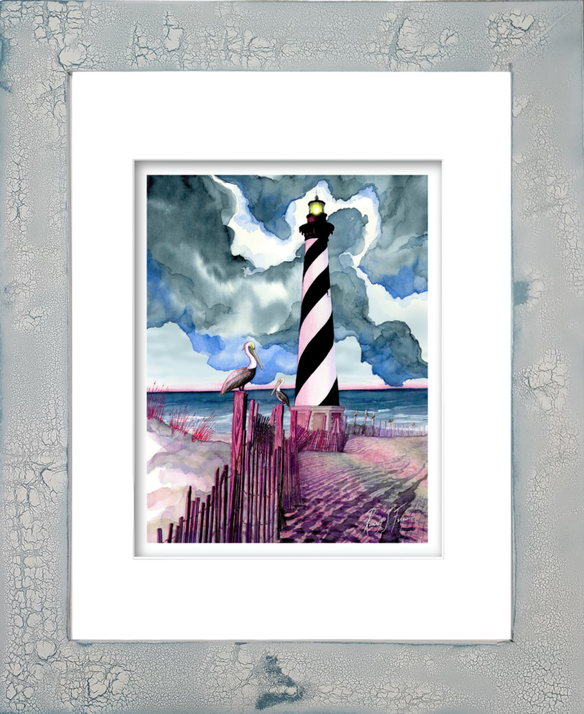 Rodney Ferguson watercolor giclée print of Cape Hatteras Lighthouse in North Carolina, featuring the iconic black-and-white spiral daymark, mounted in a distressed and crackled handmade coastal frame. Each handcrafted frame is unique with varying textures, weathered finishes, and crackle patterns, creating a one-of-a-kind piece of lighthouse wall art.