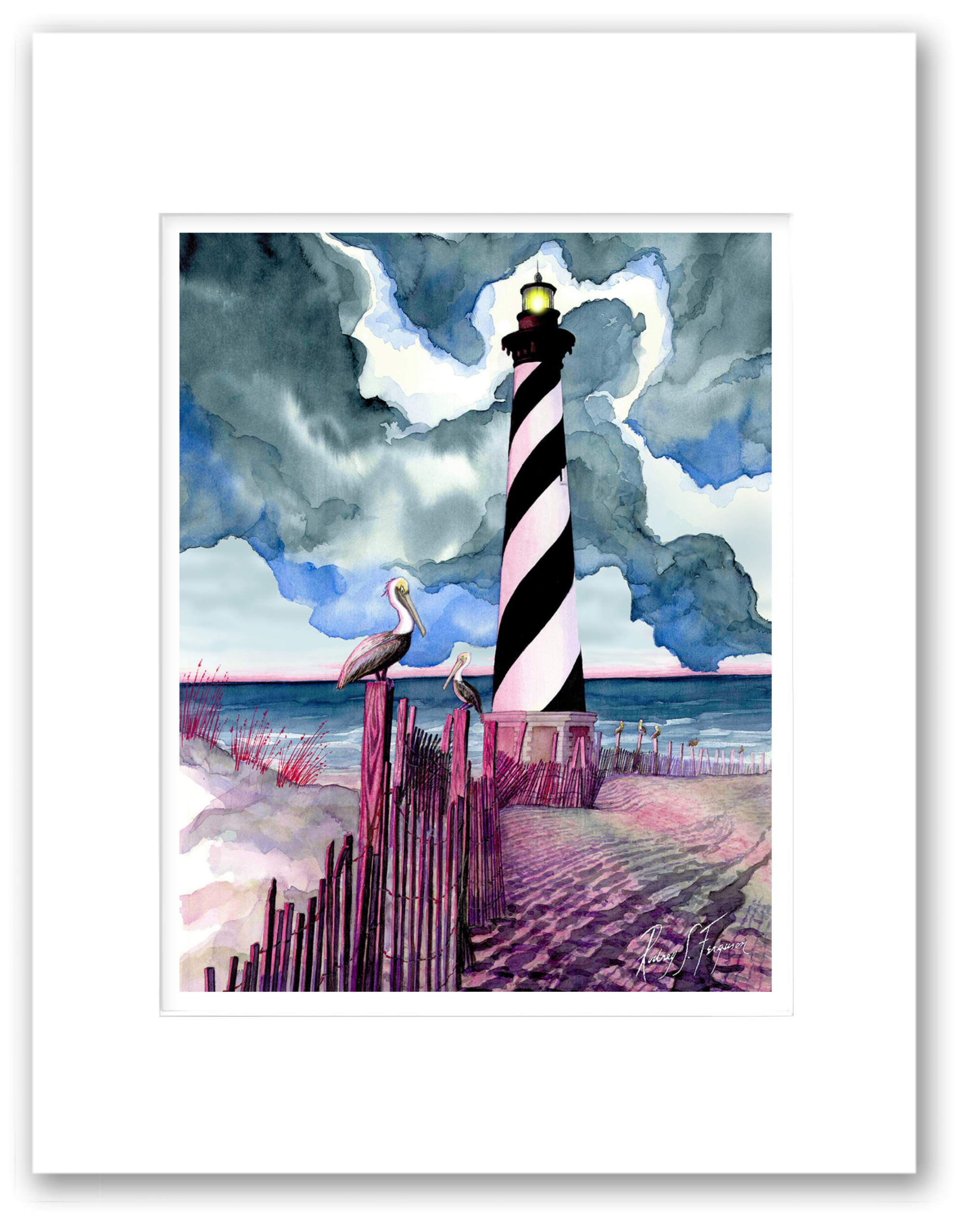 Rodney Ferguson watercolor giclée print of Cape Hatteras Lighthouse in North Carolina, featuring the iconic black-and-white spiral daymark, mounted in a distressed and crackled handmade coastal frame. Each handcrafted frame is unique with varying textures, weathered finishes, and crackle patterns, creating a one-of-a-kind piece of lighthouse wall art.