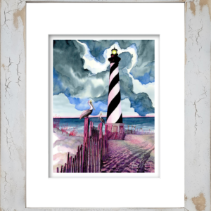 Rodney Ferguson watercolor giclée print of Cape Hatteras Lighthouse, North Carolina's most famous lighthouse, professionally single matted and printed on archival acid-free paper, showcasing the landmark's iconic black-and-white spiral tower.