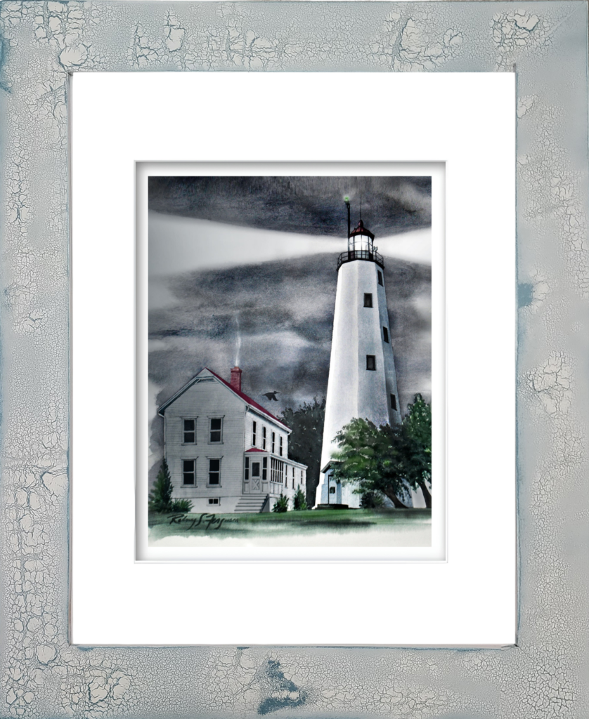 Rodney Ferguson watercolor giclée print of Sandy Hook Lighthouse in New Jersey, mounted in a handcrafted distressed and crackled coastal frame. This historic lighthouse artwork is reproduced on archival materials and surrounded by a one-of-a-kind artisan frame featuring unique weathered textures and coastal-inspired finishes.