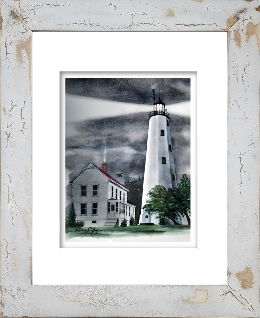 Rodney Ferguson watercolor giclée print of Sandy Hook Lighthouse in New Jersey, mounted in a handcrafted distressed and crackled coastal frame. This historic lighthouse artwork is reproduced on archival materials and surrounded by a one-of-a-kind artisan frame featuring unique weathered textures and coastal-inspired finishes.