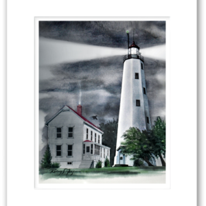 Matted Sandy Hook Lighthouse watercolor print by Rodney Ferguson featuring America's oldest operating lighthouse, professionally matted and ready for custom framing. Archival lighthouse artwork with detailed coastal watercolor imagery.