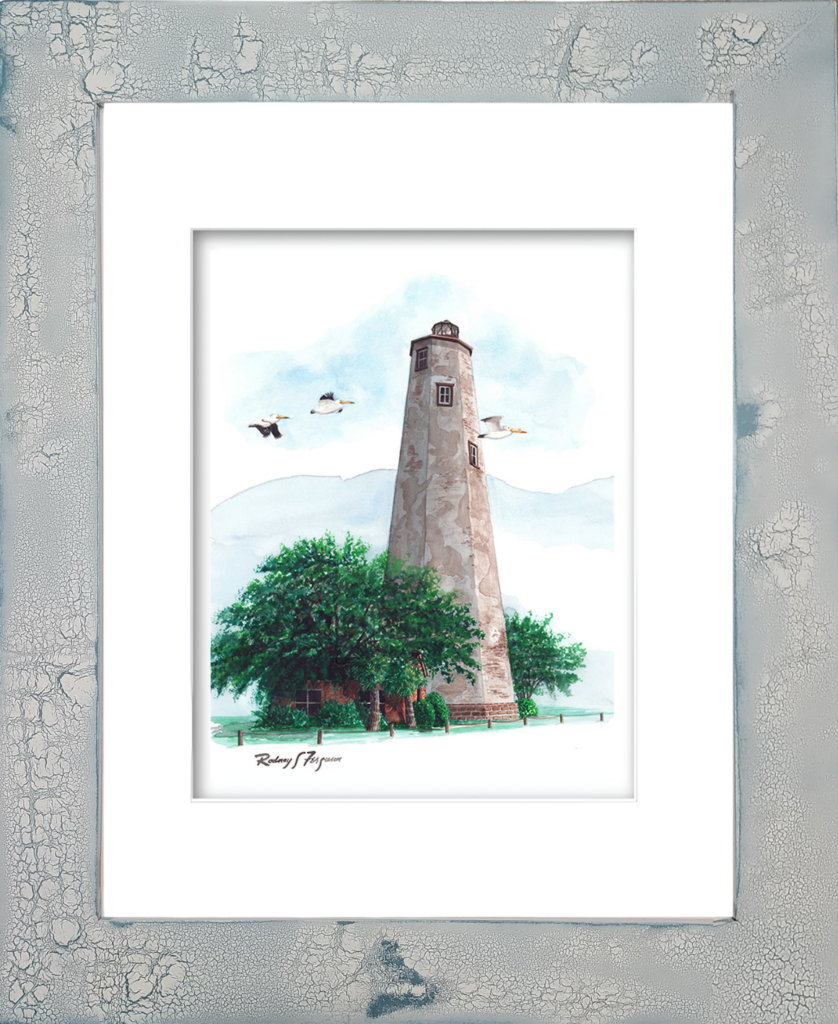 Rodney's watercolor giclée print of Bald Head Light, North Carolina's historic stuccoed and multi-sided lighthouse, displayed in a handcrafted distressed coastal frame with crackled finish. Archival lighthouse artwork featuring Old Baldy, mounted in a unique handmade nautical frame inspired by coastal cottage and beach house décor.