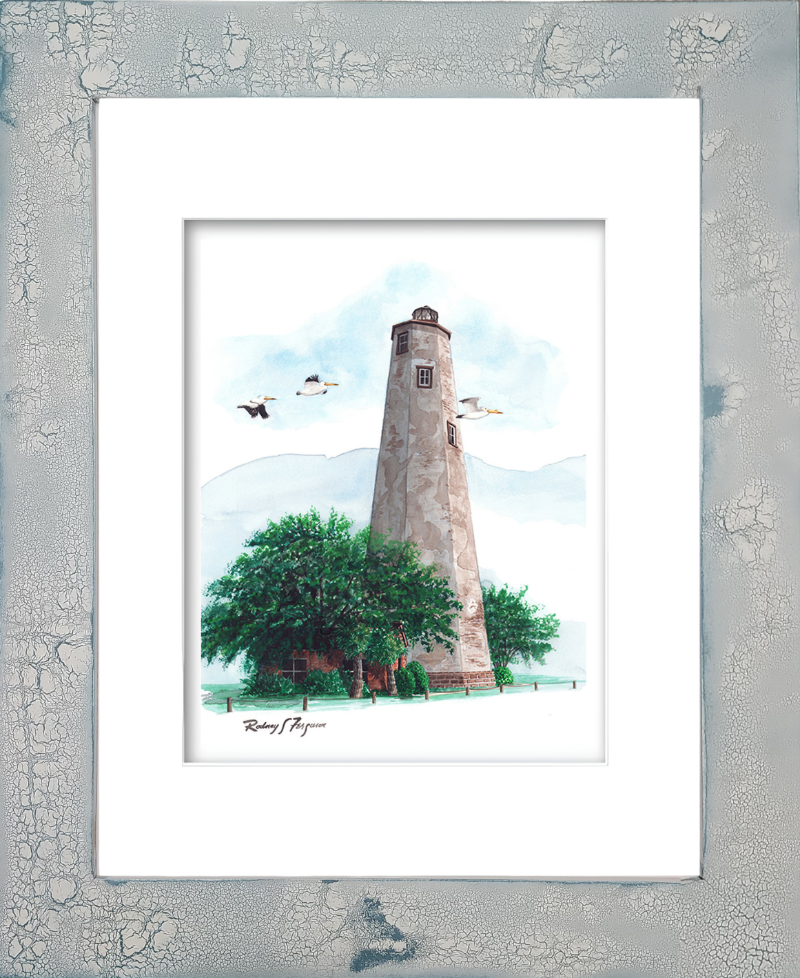 Rodney's watercolor giclée print of Bald Head Light, North Carolina's historic stuccoed and multi-sided lighthouse, displayed in a handcrafted distressed coastal frame with crackled finish. Archival lighthouse artwork featuring Old Baldy, mounted in a unique handmade nautical frame inspired by coastal cottage and beach house décor.