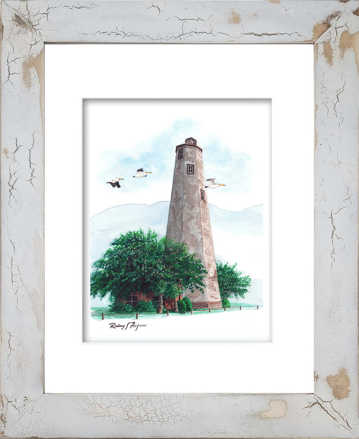 Rodney's watercolor giclée print of Bald Head Light, North Carolina's historic stuccoed and multi-sided lighthouse, displayed in a handcrafted distressed coastal frame with crackled finish. Archival lighthouse artwork featuring Old Baldy, mounted in a unique handmade nautical frame inspired by coastal cottage and beach house décor.