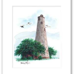 Rodney Ferguson watercolor giclée print of Bald Head Light, North Carolina's historic stuccoed and multi-sided lighthouse, professionally matted and printed on 100% archival, acid-free, colorfast paper. Coastal lighthouse artwork ideal for beach house décor and maritime collections.