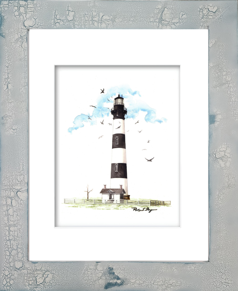 Bodie Island Lighthouse watercolor giclée print by Rodney Ferguson featuring one of North Carolina's five major lighthouses, displayed in a handcrafted distressed and crackled coastal wood frame, museum-quality archival lighthouse artwork inspired by the Outer Banks.