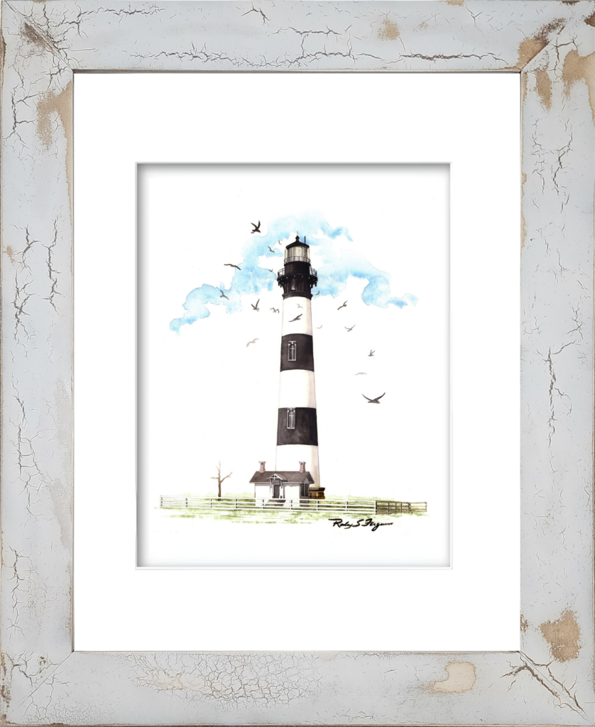 Bodie Island Lighthouse watercolor giclée print by Rodney Ferguson featuring one of North Carolina's five major lighthouses, displayed in a handcrafted distressed and crackled coastal wood frame, museum-quality archival lighthouse artwork inspired by the Outer Banks.