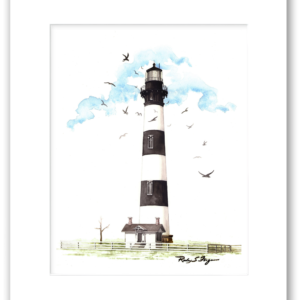 Bodie Island Lighthouse watercolor giclée print by Rodney Ferguson, featuring North Carolina's famous Outer Banks lighthouse, professionally matted and printed on archival acid-free paper for lasting beauty.