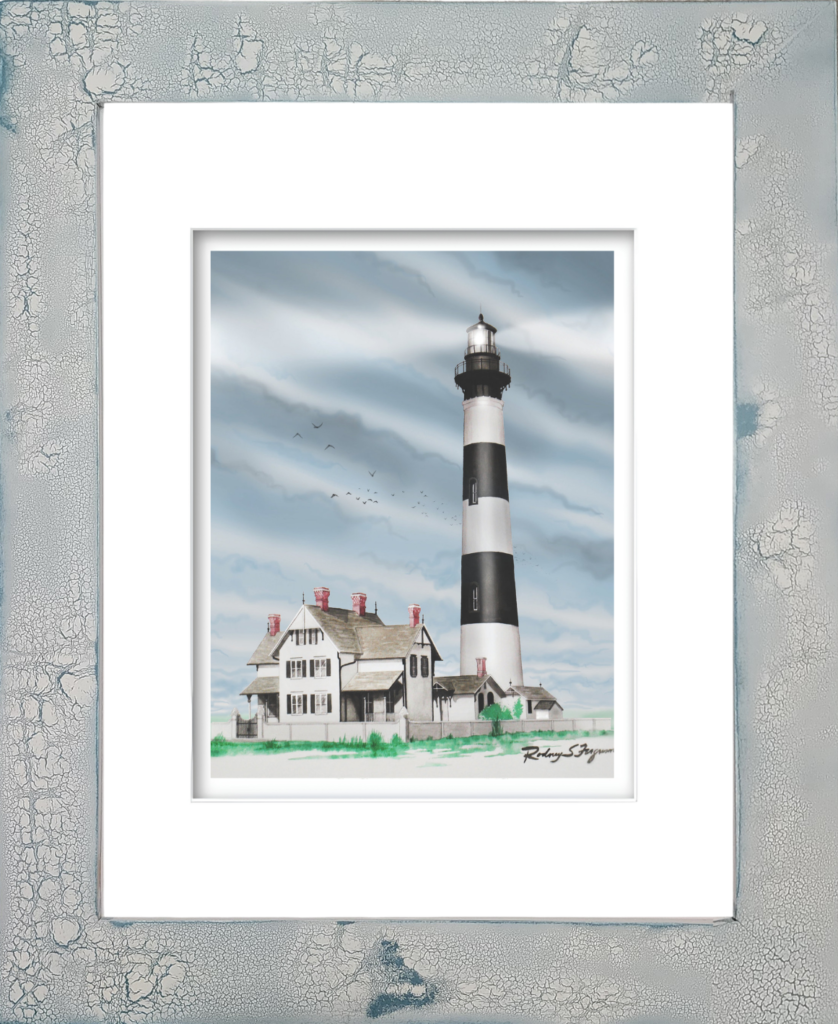 Charleston Lighthouse watercolor giclée print by Rodney Ferguson featuring the historic lighthouse beside the turn-of-the-century Victorian keeper's house, displayed in a handmade distressed and crackled coastal frame, printed on archival acid-free paper.