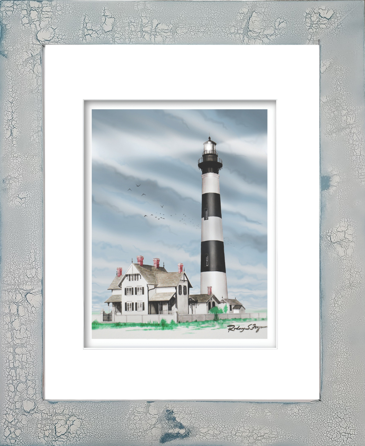 Charleston Lighthouse watercolor giclée print by Rodney Ferguson featuring the historic lighthouse beside the turn-of-the-century Victorian keeper's house, displayed in a handmade distressed and crackled coastal frame, printed on archival acid-free paper.
