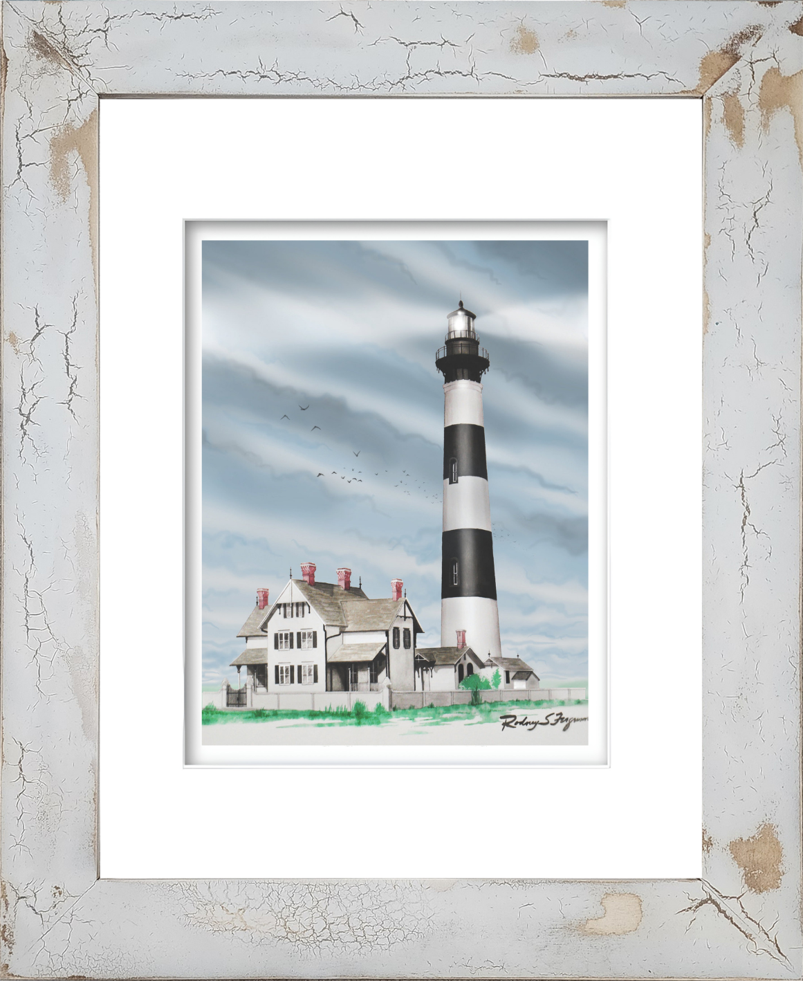 Charleston Lighthouse watercolor giclée print by Rodney Ferguson featuring the historic lighthouse beside the turn-of-the-century Victorian keeper's house, displayed in a handmade distressed and crackled coastal frame, printed on archival acid-free paper.
