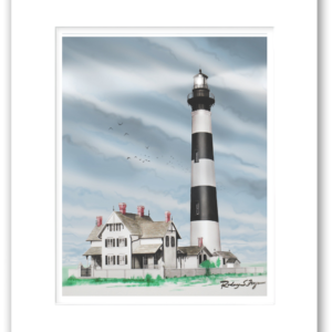 Charleston Lighthouse watercolor giclée print by Rodney Ferguson depicting the historic lighthouse and Victorian keeper's house, professionally matted and printed on archival acid-free fine art paper.