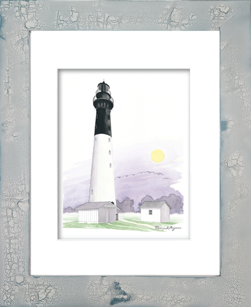 Rodney Ferguson's watercolor giclée print of Hunting Island Lighthouse at sunrise, featuring the historic South Carolina lighthouse beside the pump house as golden morning light breaks across the horizon. Mounted in a distressed, crackled handmade coastal frame, this nautical lighthouse artwork captures the beauty of the Lowcountry coast with archival-quality reproduction and handcrafted coastal décor styling.