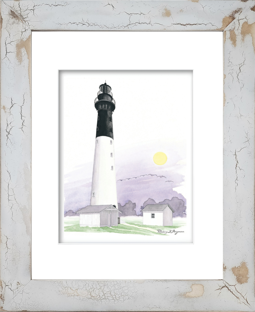 Rodney Ferguson's watercolor giclée print of Hunting Island Lighthouse at sunrise, featuring the historic South Carolina lighthouse beside the pump house as golden morning light breaks across the horizon. Mounted in a distressed, crackled handmade coastal frame, this nautical lighthouse artwork captures the beauty of the Lowcountry coast with archival-quality reproduction and handcrafted coastal décor styling.