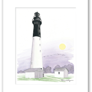 Rodney Ferguson's watercolor giclée print of Hunting Island Lighthouse and pump house at sunrise, featuring warm morning light over the South Carolina coast. Professionally matted and printed on 100% archival, acid-free, colorfast paper for lasting beauty and museum-quality presentation.