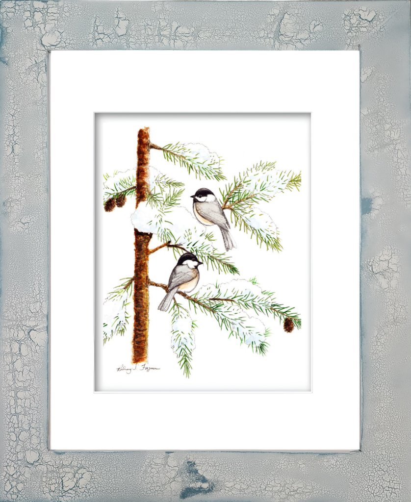 Tufted Titmouse watercolor giclée print by Rodney, professionally mounted in a one-of-a-kind handmade coastal frame with distressed and crackled finish. This framed bird artwork features a charming Tufted Titmouse perched among natural surroundings, complemented by a rustic coastal frame with unique textures, weathered details, and artisan craftsmanship.