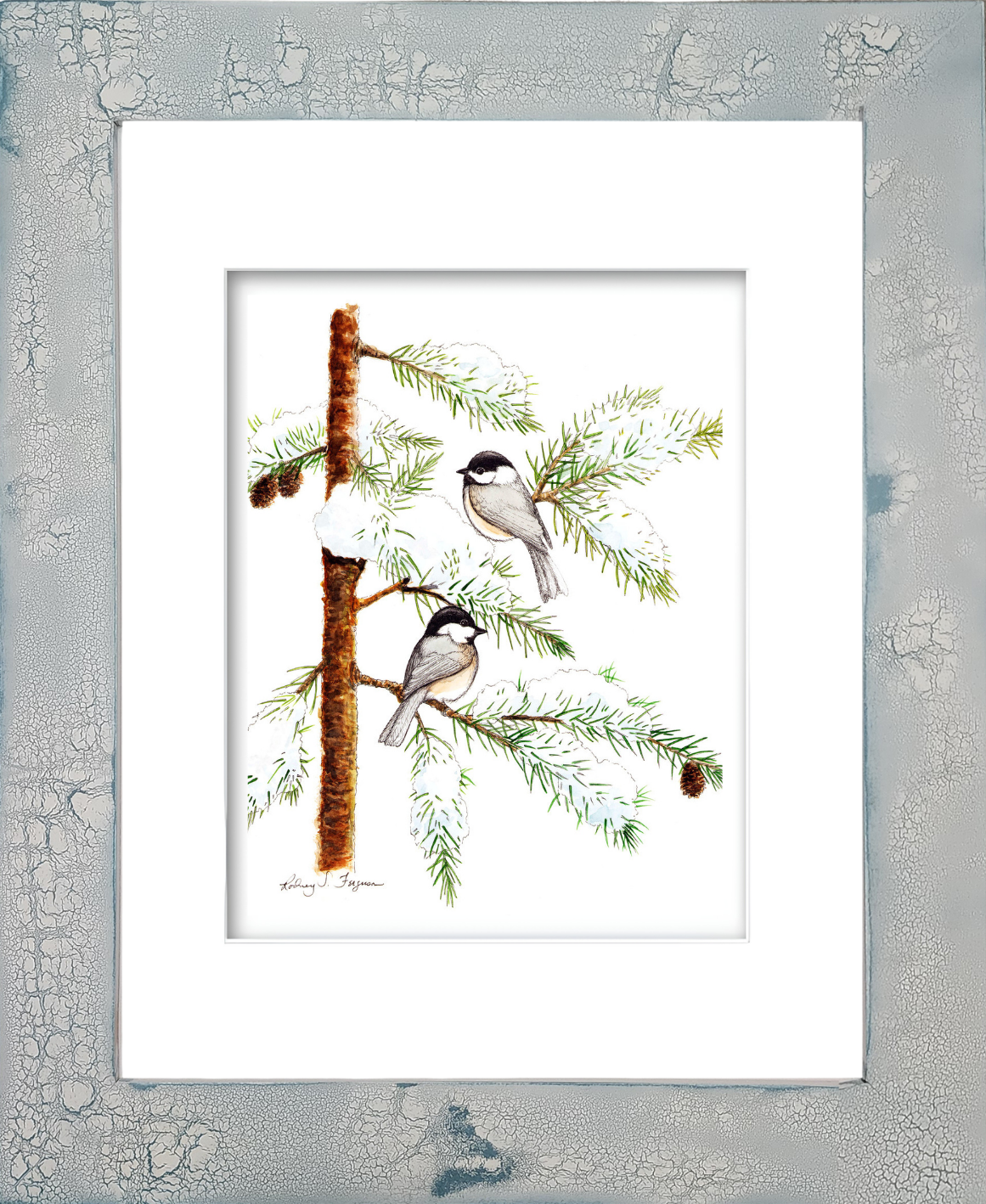 Tufted Titmouse watercolor giclée print by Rodney, professionally mounted in a one-of-a-kind handmade coastal frame with distressed and crackled finish. This framed bird artwork features a charming Tufted Titmouse perched among natural surroundings, complemented by a rustic coastal frame with unique textures, weathered details, and artisan craftsmanship.