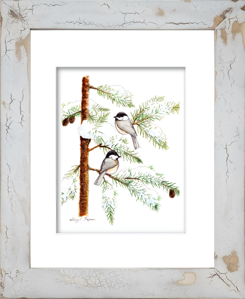 Tufted Titmouse watercolor giclée print by Rodney, professionally mounted in a one-of-a-kind handmade coastal frame with distressed and crackled finish. This framed bird artwork features a charming Tufted Titmouse perched among natural surroundings, complemented by a rustic coastal frame with unique textures, weathered details, and artisan craftsmanship.