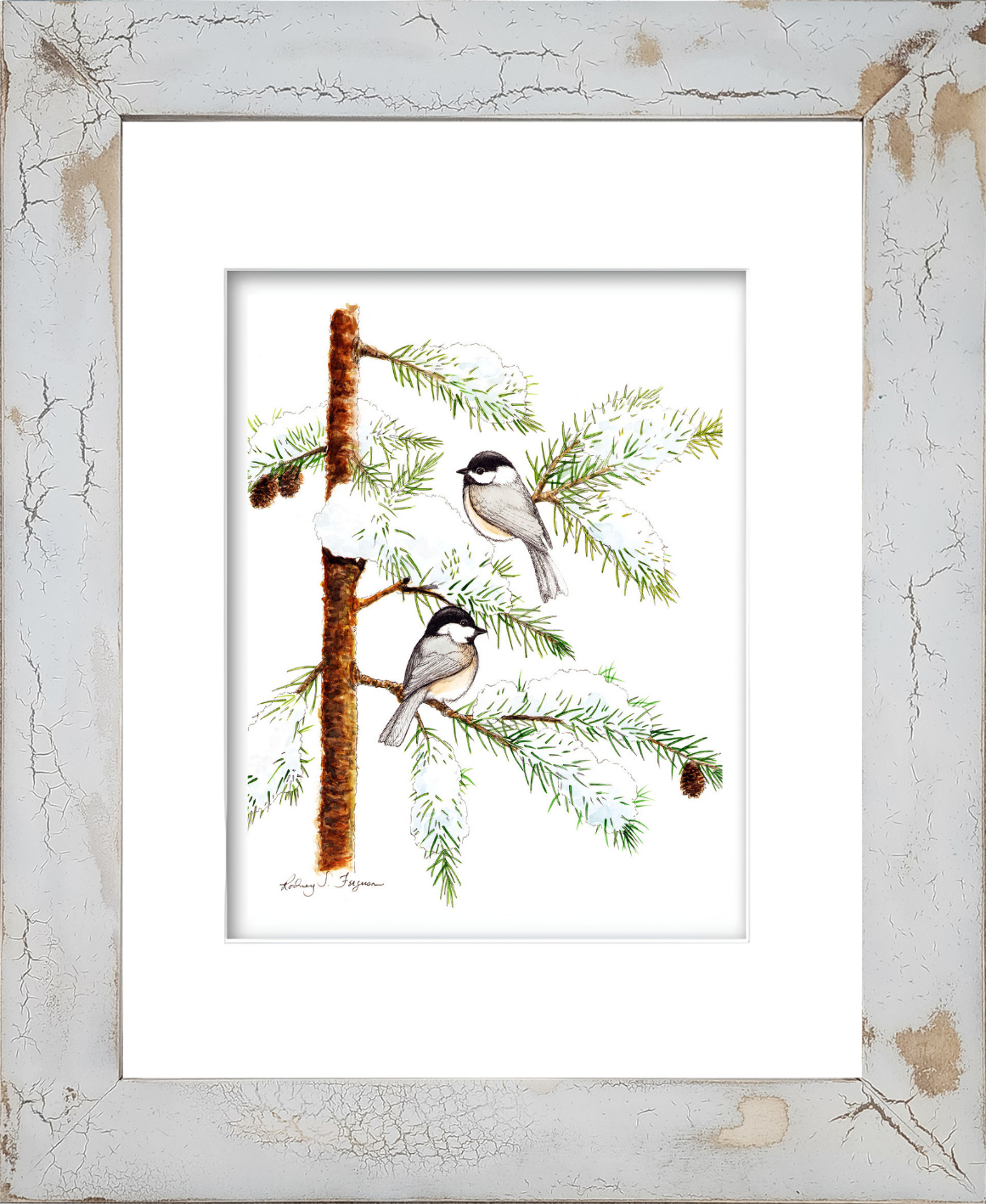 Tufted Titmouse watercolor giclée print by Rodney, professionally mounted in a one-of-a-kind handmade coastal frame with distressed and crackled finish. This framed bird artwork features a charming Tufted Titmouse perched among natural surroundings, complemented by a rustic coastal frame with unique textures, weathered details, and artisan craftsmanship.