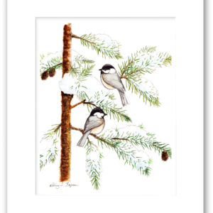 Pair of Black-Capped Chickadees watercolor giclée print by Rodney, presented with a professional mat and printed on 100% archival, acid-free, colorfast paper. Fine art bird print featuring detailed watercolor artwork and long-lasting museum-quality materials.