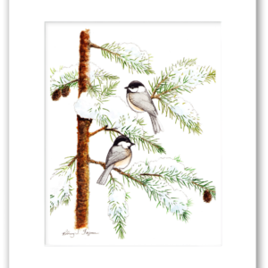 Pair of Black-Capped Chickadees watercolor giclée print by Rodney, presented with a professional mat and printed on 100% archival, acid-free, colorfast paper. Fine art bird print featuring detailed watercolor artwork and long-lasting museum-quality materials.