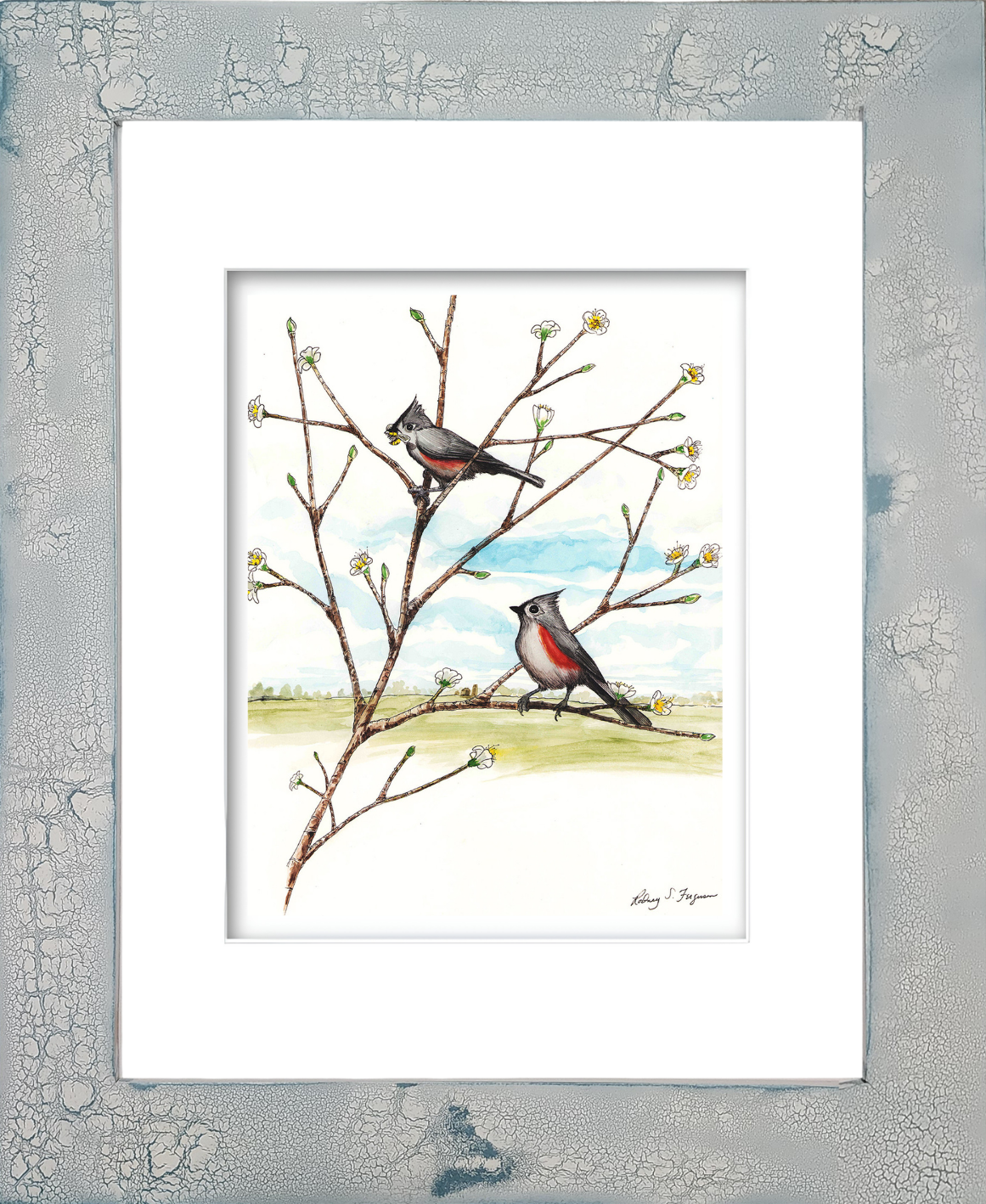 Single matted watercolor giclée print of a pair of Tufted Titmouse birds eating a bee, reproduced from Rodney's original artwork on 100% archival, acid-free, colorfast fine art paper with professional matting.