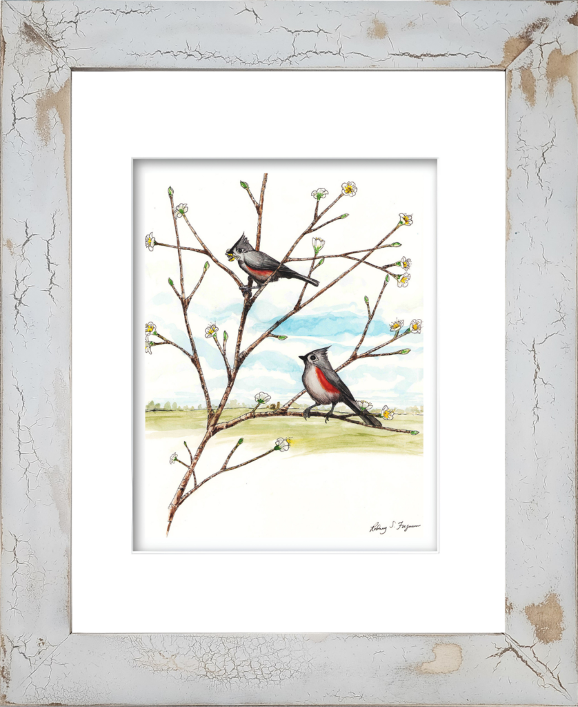 Single matted watercolor giclée print of a pair of Tufted Titmouse birds eating a bee, reproduced from Rodney's original artwork on 100% archival, acid-free, colorfast fine art paper with professional matting.