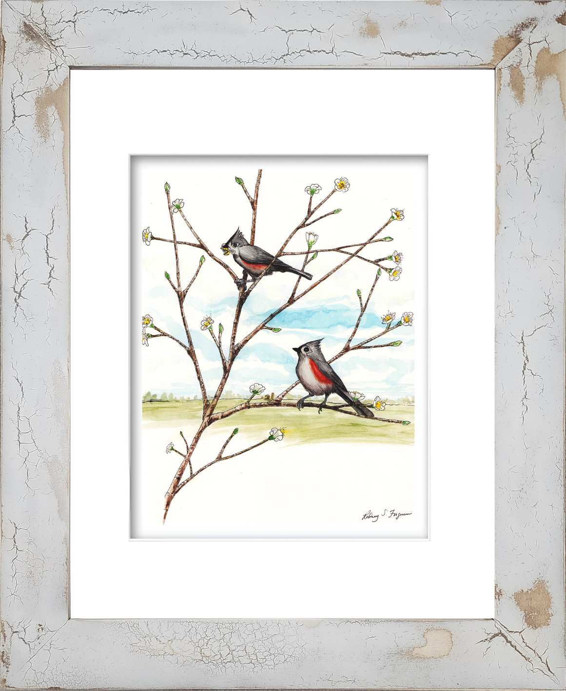 Single matted watercolor giclée print of a pair of Tufted Titmouse birds eating a bee, reproduced from Rodney's original artwork on 100% archival, acid-free, colorfast fine art paper with professional matting.