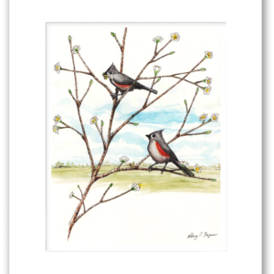 Tufted Titmouse watercolor giclée print by Rodney, professionally mounted in a one-of-a-kind handmade coastal frame with distressed and crackled finish. This framed bird artwork features a charming Tufted Titmouse perched among natural surroundings, complemented by a rustic coastal frame with unique textures, weathered details, and artisan craftsmanship.
