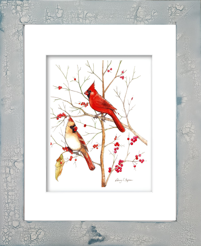 Watercolor giclée print of a male and female cardinal perched together, titled Mr. & Mrs. Cardinal, professionally mounted in a handmade distressed coastal frame with crackled finish and unique weathered texture; no two frames are alike.
