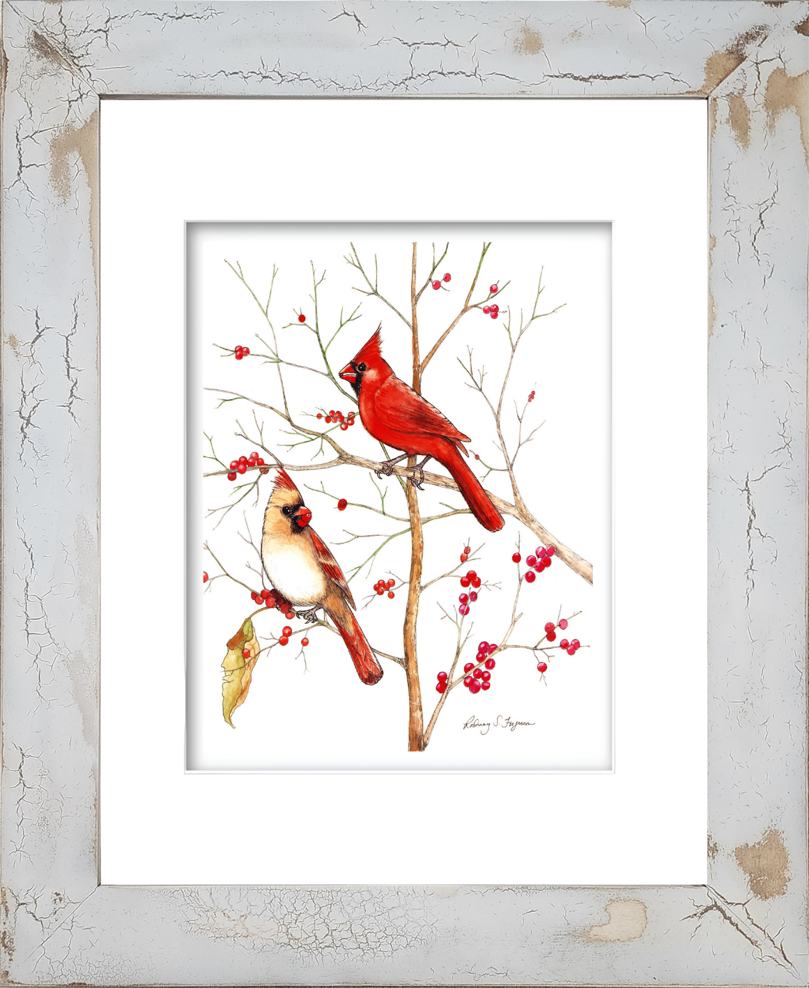 Watercolor giclée print of a male and female cardinal perched together, titled Mr. & Mrs. Cardinal, professionally mounted in a handmade distressed coastal frame with crackled finish and unique weathered texture; no two frames are alike.
