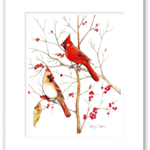 A watercolor painting depicting two cardinals, one bright red male and one female, perched among leafy branches, rendered with soft washes of color and delicate brushwork.