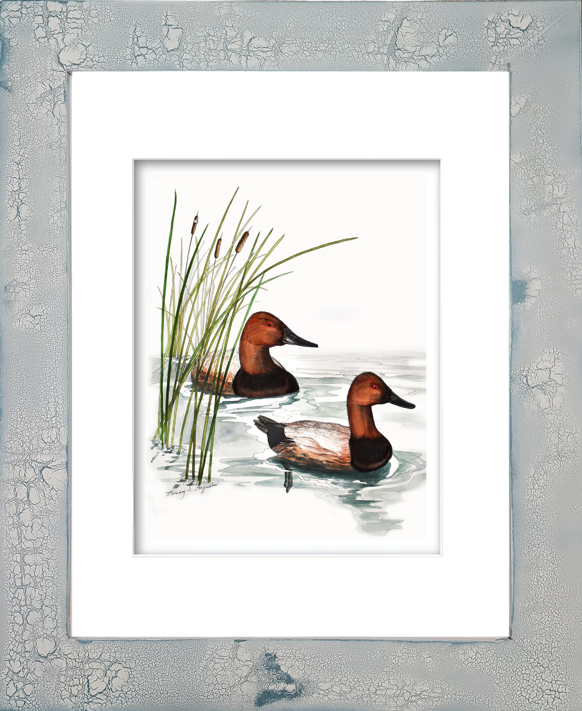 Rodney Ferguson watercolor giclée print featuring two Canvasback ducks mounted in a handmade distressed and crackled coastal wood frame, showcasing unique texture, weathered finishes, and artisan craftsmanship.