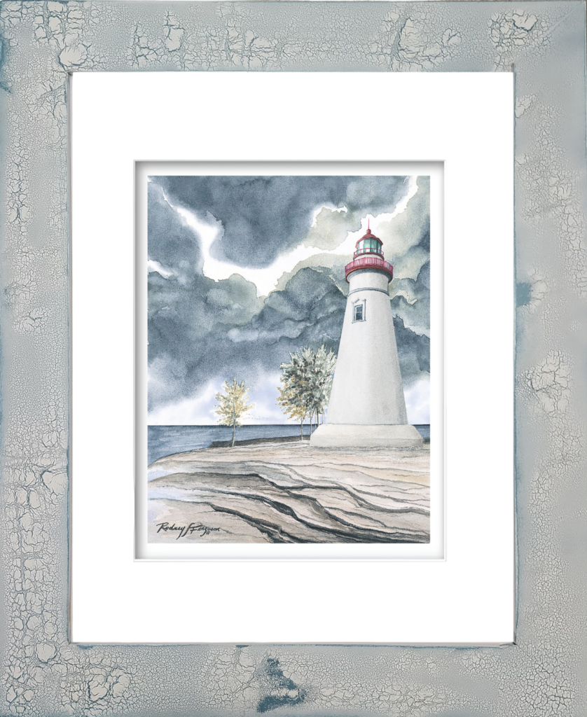 Marblehead Lighthouse watercolor giclée print by Rodney Ferguson featuring dark, angry clouds gathering over the iconic white lighthouse topped with a bright red parapet, displayed in a distressed and crackled handmade coastal frame with unique weathered textures.