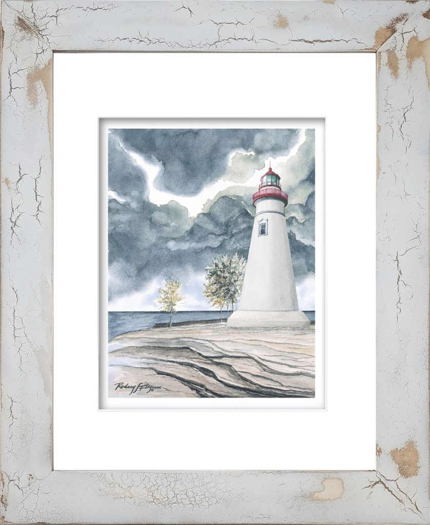 Marblehead Lighthouse watercolor giclée print by Rodney Ferguson featuring dark, angry clouds gathering over the iconic white lighthouse topped with a bright red parapet, displayed in a distressed and crackled handmade coastal frame with unique weathered textures.