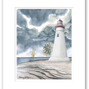 Marblehead Lighthouse watercolor giclée print by Rodney Ferguson showing storm clouds gathering above the white lighthouse and bright red parapet, professionally matted and printed on archival acid-free paper.
