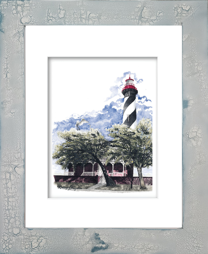 Watercolor giclée print by Rodney Ferguson featuring the historic St. Augustine Lighthouse partially hidden behind coastal trees as a graceful egret alights nearby. The lighthouse’s iconic black-and-white striped daymark and red parapet peek through the foliage, creating a serene coastal Florida scene. Presented in Rodney’s handmade distressed and crackled coastal frame, with unique weathered textures and patina that make every frame a one-of-a-kind work of art.