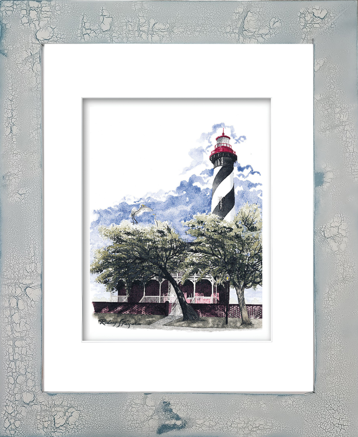 Watercolor giclée print by Rodney Ferguson featuring the historic St. Augustine Lighthouse partially hidden behind coastal trees as a graceful egret alights nearby. The lighthouse’s iconic black-and-white striped daymark and red parapet peek through the foliage, creating a serene coastal Florida scene. Presented in Rodney’s handmade distressed and crackled coastal frame, with unique weathered textures and patina that make every frame a one-of-a-kind work of art.
