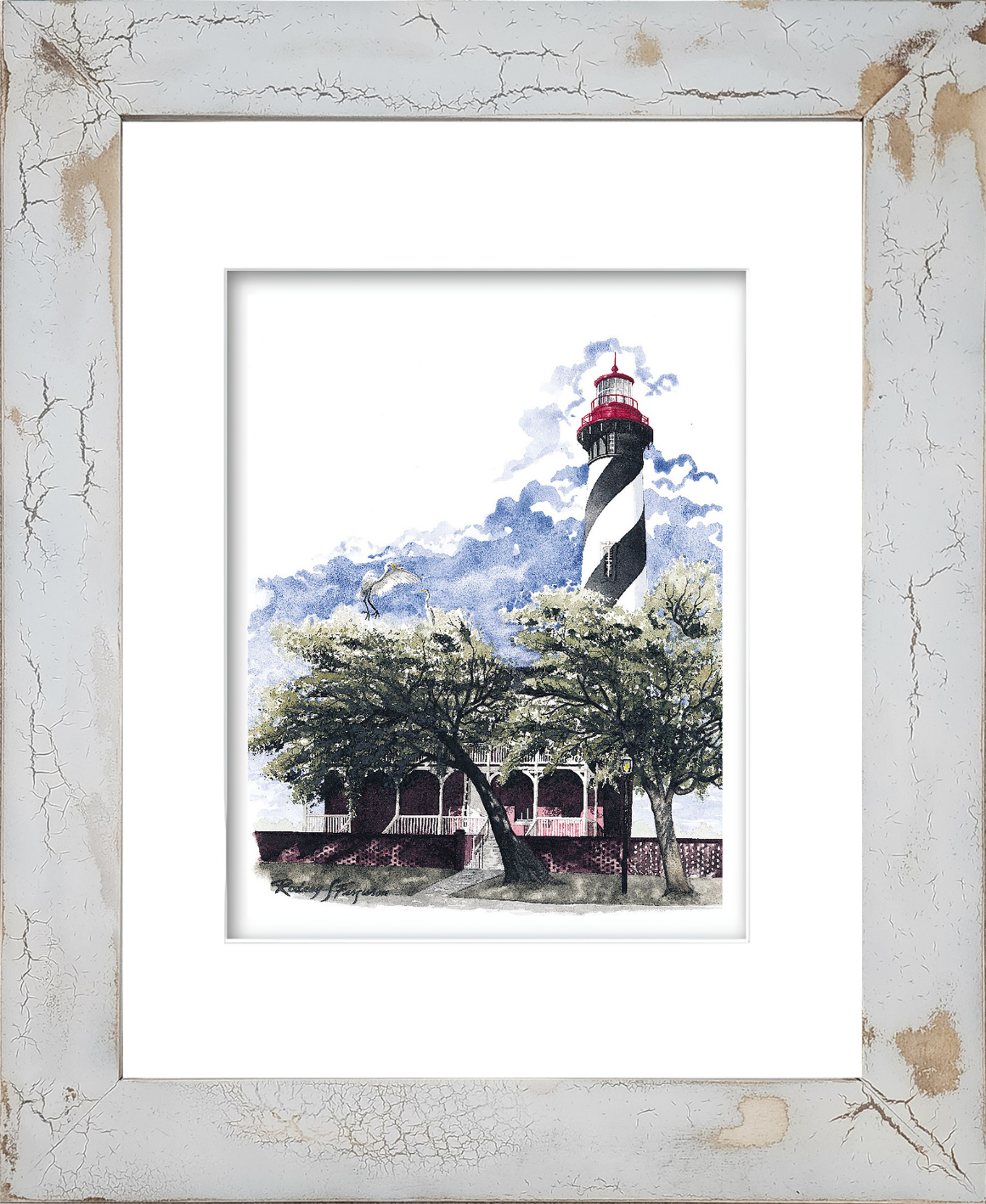 Watercolor giclée print by Rodney Ferguson featuring the historic St. Augustine Lighthouse partially hidden behind coastal trees as a graceful egret alights nearby. The lighthouse’s iconic black-and-white striped daymark and red parapet peek through the foliage, creating a serene coastal Florida scene. Presented in Rodney’s handmade distressed and crackled coastal frame, with unique weathered textures and patina that make every frame a one-of-a-kind work of art.