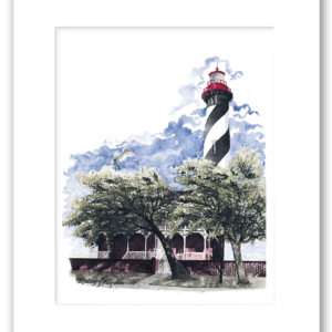Matted watercolor giclée print of the St. Augustine Lighthouse viewed through coastal trees with an egret descending nearby, showcasing the lighthouse’s iconic striped daymark and red parapet. Printed on archival, acid-free fine art paper.