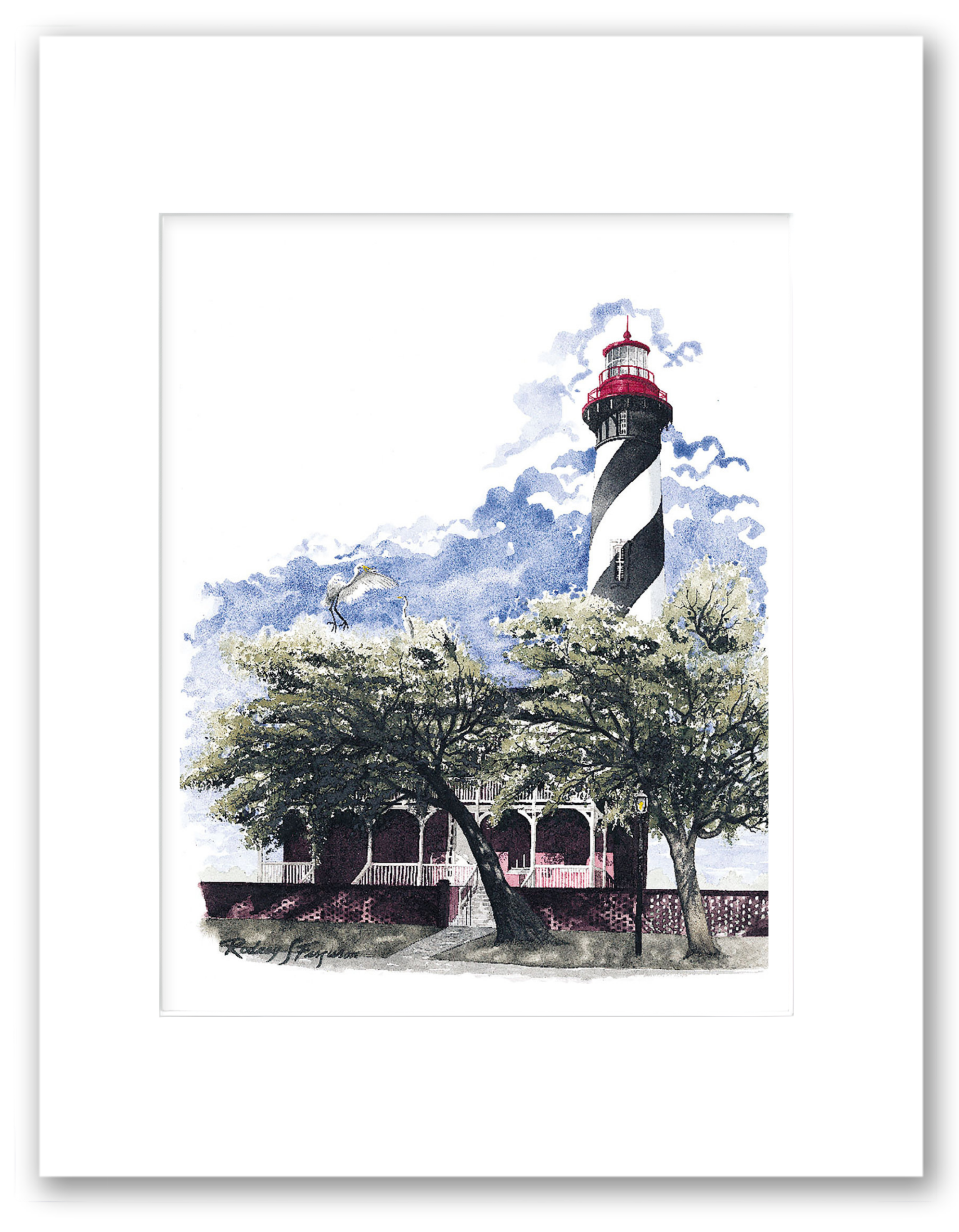 Matted watercolor giclée print of the St. Augustine Lighthouse viewed through coastal trees with an egret descending nearby, showcasing the lighthouse’s iconic striped daymark and red parapet. Printed on archival, acid-free fine art paper.
