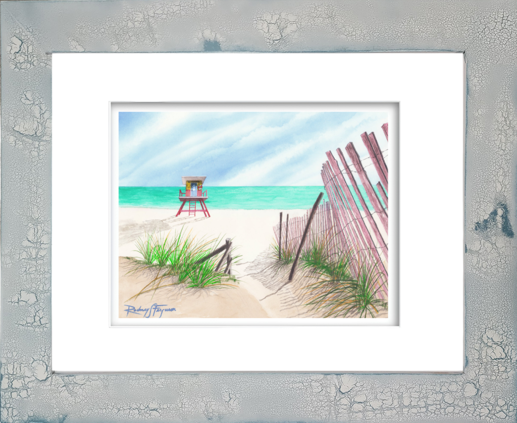 Rodney Ferguson watercolor giclée print titled "Standing Guard" featuring a vigilant beach sentinel overlooking the pristine turquoise waters and white sands of Flamenco Beach, Puerto Rico, displayed in a handcrafted distressed and crackled coastal frame with unique weathered texture.